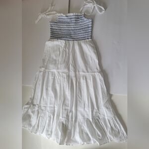 Lucky Brand White & Blue Sleeveless Tiered Boho Linen Blend Smocked Maxi Dress